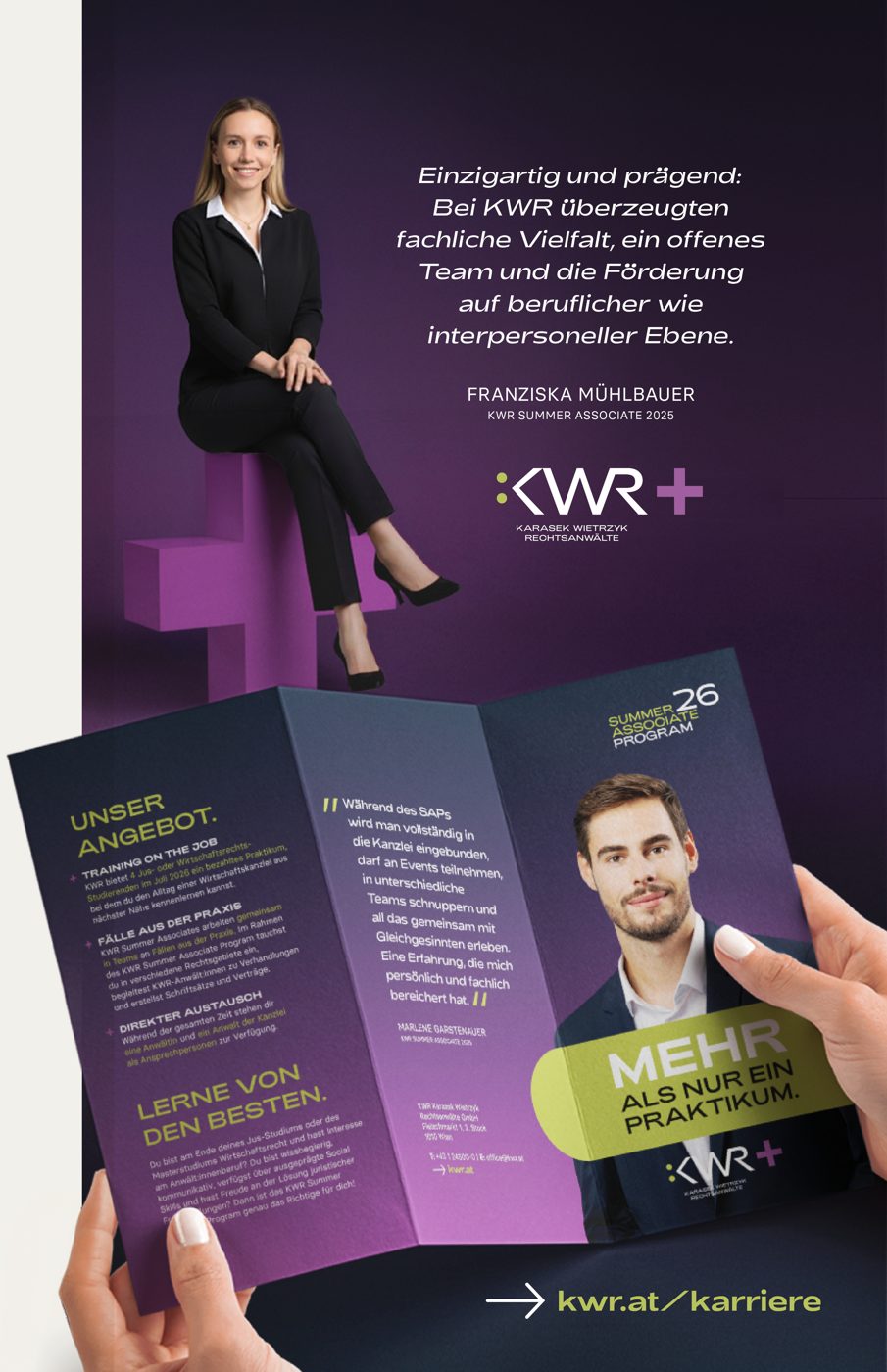 KWR+ – Summer Associate Program, Flyer und Testimonial